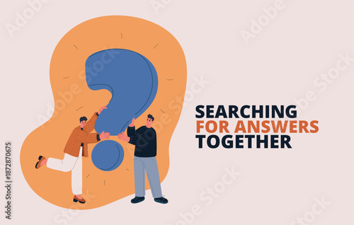 Cartoon vector illustration of people holding a question mark symbolizing curiosity, inquiry, problem solving
