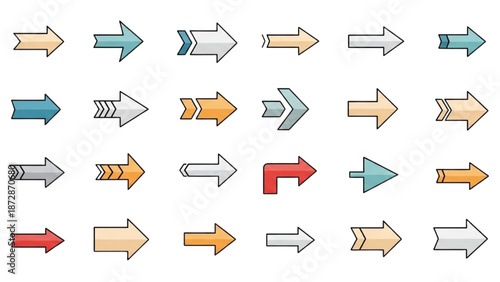 A collection of various colorful arrows pointing in different directions on a white background