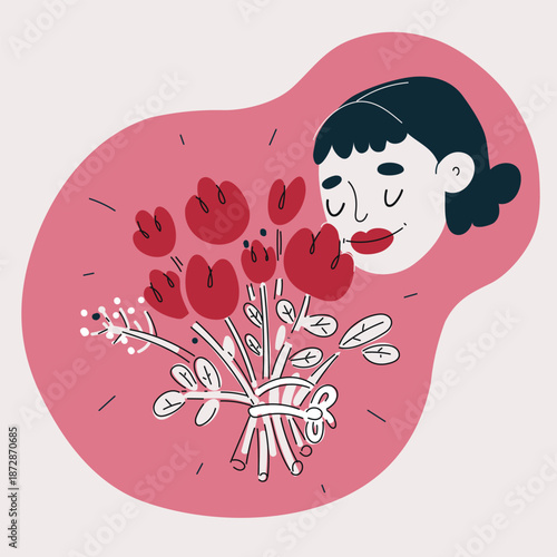 Cartoon vector illustration of a woman smelling a bouquet of flowers, enjoying the fragrance beauty