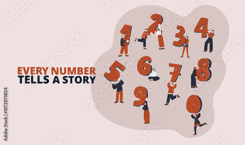 Cartoon vector illustration of people with numbers from 0 to 9, symbolizing counting, education, numerical concepts. 0, 1, 2, 3, 4, 5, 6, 7, 8, 9