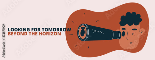 Cartoon vector illustration of man looking through a telescope, symbolizing exploration, vision, future planning