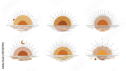 Boho Celestial Sunscapes Collection Abstract Sun Over Horizon Line Art Illustrations with Radiant Rays and Subtle Reflective Elements