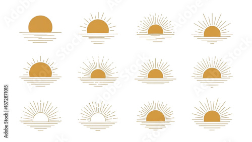 Collection of minimalist sun and sea flat vector icons, symbolizing dawn and dusk for elegant designs