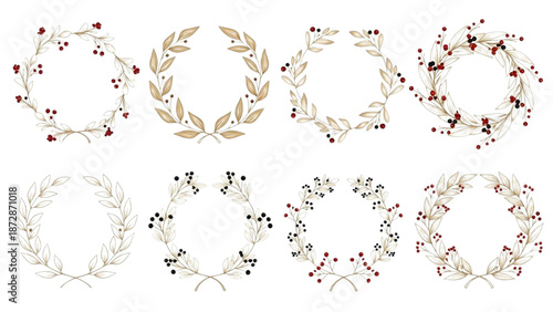 Elegant collection of illustrated wreaths featuring leaves, berries, and branches in various festive and decorative styles, perfect for design projects