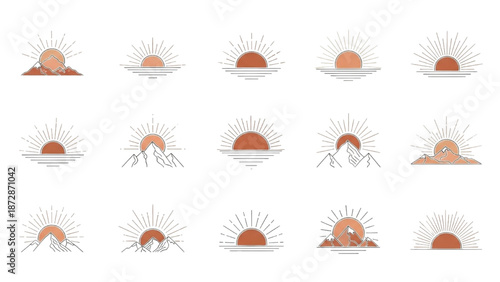 Collection of Sunrise and Sunset Icons Featuring Mountains and Water Landscapes