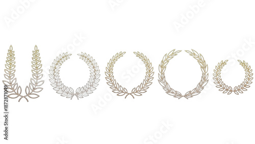 Set of five golden laurel wreath icons with varying sizes and designs