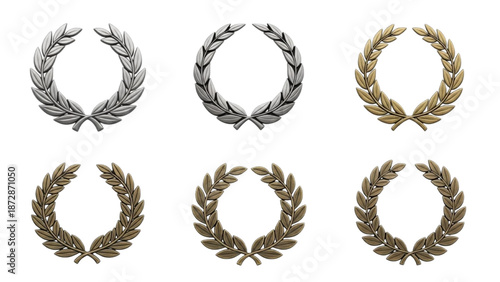 Collection of metallic laurel wreaths in various finishes symbolizing victory and achievement, isolated on white background