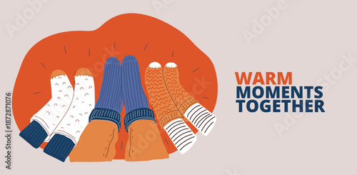 Cartoon vector illustration of three people’s feet in warm socks, symbolizing family, coziness, togetherness