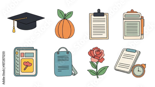 A collection of educational and stationery items depicted in a flat design illustration