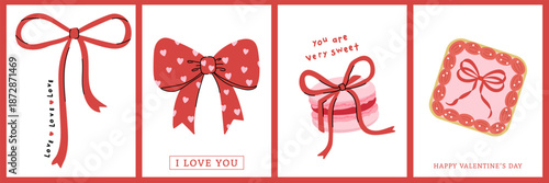 Happy Valentine's day greeting card with cute heart, cake, sweet macaroon and bow. Red ribbon and dessert for love holidays season banner and background. -Vector