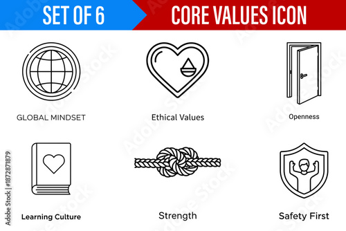 A professional and informative set of six minimalist line art icons representing core values for business and company culture