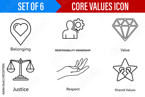 Minimalist Professional Icon Set of Core Values for Business Presentations Featuring Belonging Justice Respect and Ownership