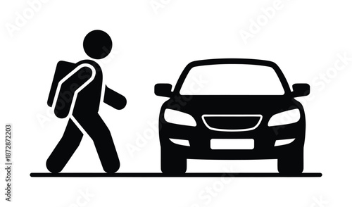 Vector illustration depicts pedestrian walking past a parked car on road.