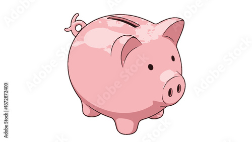 Cute Pink Piggy Bank Illustration on White Background, Saving Money Concept