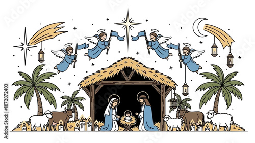 Nativity Scene Illustration with Angels, Animals, and Stars: A Symbolic Christmas Depiction