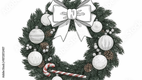 Hand-Drawn Christmas Wreath with Ornaments, Pinecones, and Candy Cane