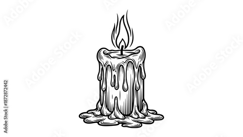 Vintage Dripping Candle Flame Illustration, Black and White Art Drawing