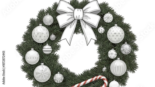 Christmas Wreath with Ornaments and Bow, Festive Holiday Decoration, Winter Season Celebration