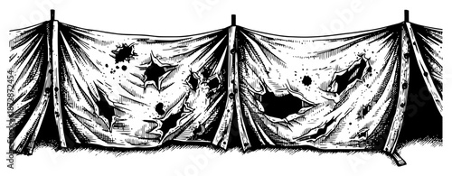 Torn fabric fence hanging on poles with holes and ragged edges sketch