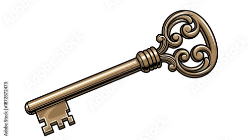 Antique Golden Key with Ornate Bow and Intricate Bit, Vector Illustration