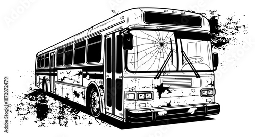 Old damaged city bus with broken windshield and grunge textures illustration