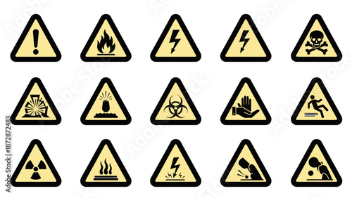 Collection of Warning Signs, Safety Symbols, and Hazard Icons on White Background