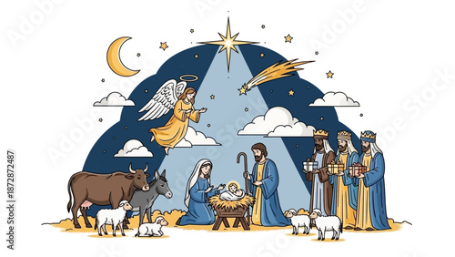 Nativity Scene Illustration: Angel, Wise Men, Animals, and Star of Bethlehem