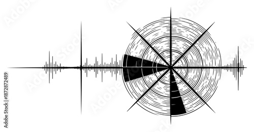 Abstract sound wave pulse transforming into a circular target or wood ring symbol