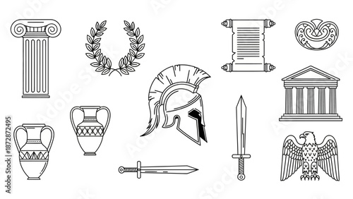 Ancient Greek and Roman Civilization Icons: Column, Helmet, Laurel, Scroll, Temple