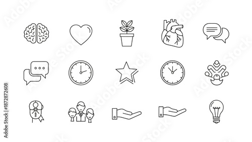Set of Simple Icons Representing Business, Health, Time, and Ideas