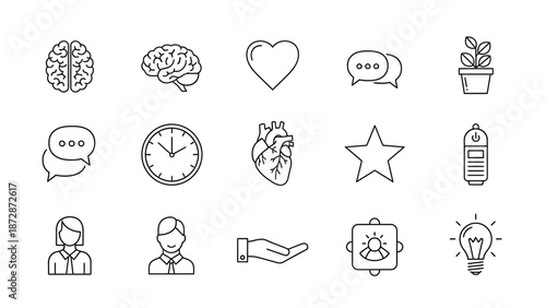 Set of Business and Lifestyle Icons: Brain, Heart, Clock, Star, and More