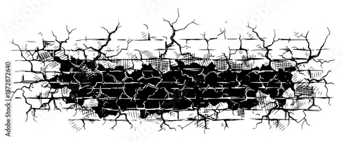 Large dark hole with cracks in a brick wall background