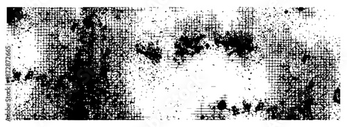 Dirty halftone grid texture with heavy grunge ink spots