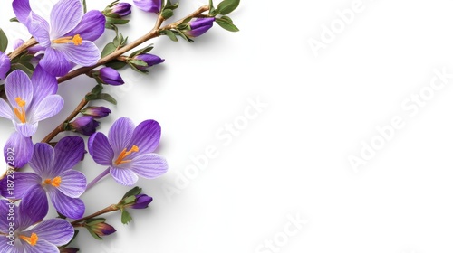 Elegant purple crocus flowers on white background with green leaves.