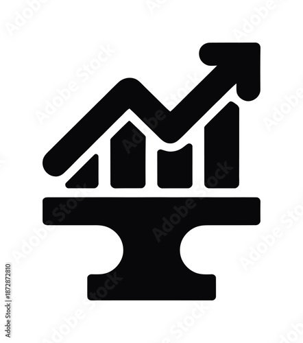 Black vector icon shows growth chart with upward trend on anvil