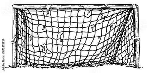 Old damaged soccer goal with a torn net in sketch style
