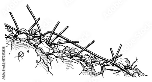 Hand drawn destroyed concrete rubble with twisted metal rebar