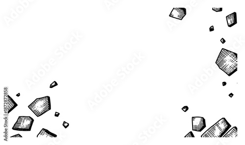 Flying stone fragments and falling rock debris frame background