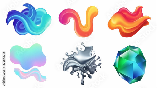 Abstract fluid shapes and liquid splashes, vibrant colors and metallic textures