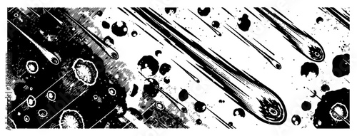 Falling meteors and comets hitting planet surface with craters