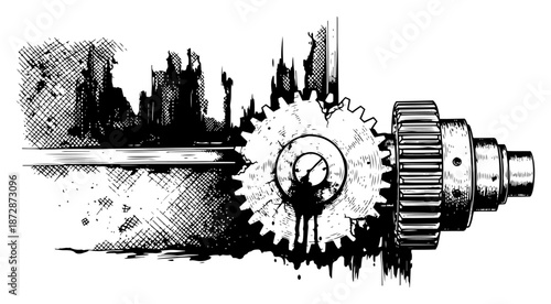 Rusty industrial gear mechanism with dripping oil and grunge texture