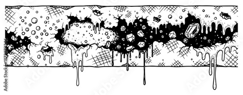 Horizontal border of dripping slime with melting liquid and bubbles texture
