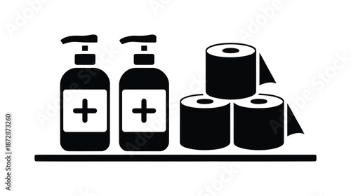 Vector graphic of two hand sanitizer bottles and four toilet paper rolls on shelf