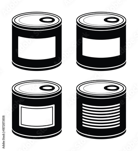 Black and white vector illustration of four plain canned food items