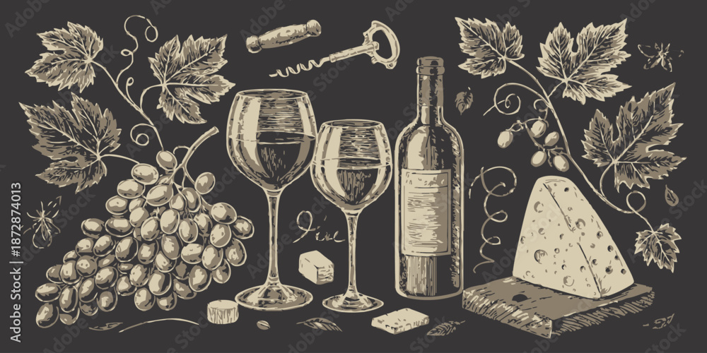 Fototapeta premium Wine Tasting Chalkboard Illustration Bundle with Bottles Glasses Grapes and Barrels Hand Drawn Vector Art for Winery or Sommelier Menu
