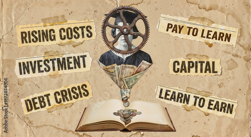 Title Surreal collage illustrating the high cost of education and student debt crisis with a graduate funneling money into a book