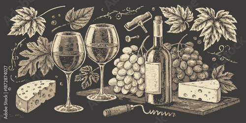 Vineyard Wine Collection Chalkboard Style Graphics with Goblets Decanters and Grape Clusters Hand Drawn Vector Illustration for Bar Menu