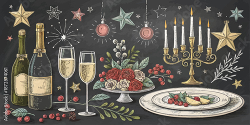 Fine Dining Chalkboard Illustration Collection with Gourmet Dishes Cutlery and Elegant Restaurant Elements Hand Drawn Vector Graphic Design