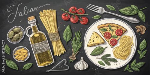 Italian Cuisine Chalkboard Illustration Bundle featuring Pasta Pizza Wine and Cheese Hand Drawn Vector Elements for Restaurant Menu Design