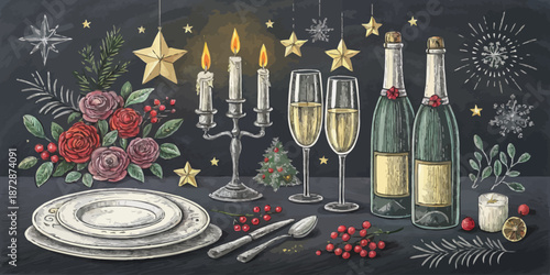 Luxury Restaurant Fine Dining Chalkboard Graphic Bundle featuring Cloche Plate Silverware and Haute Cuisine Vector Elements for Menu